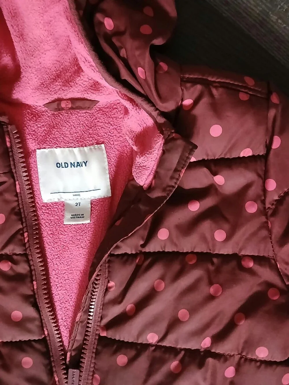 Old Navy Girls' Hooded Puffer Jacket in Burgundy with Pink Polka Dots